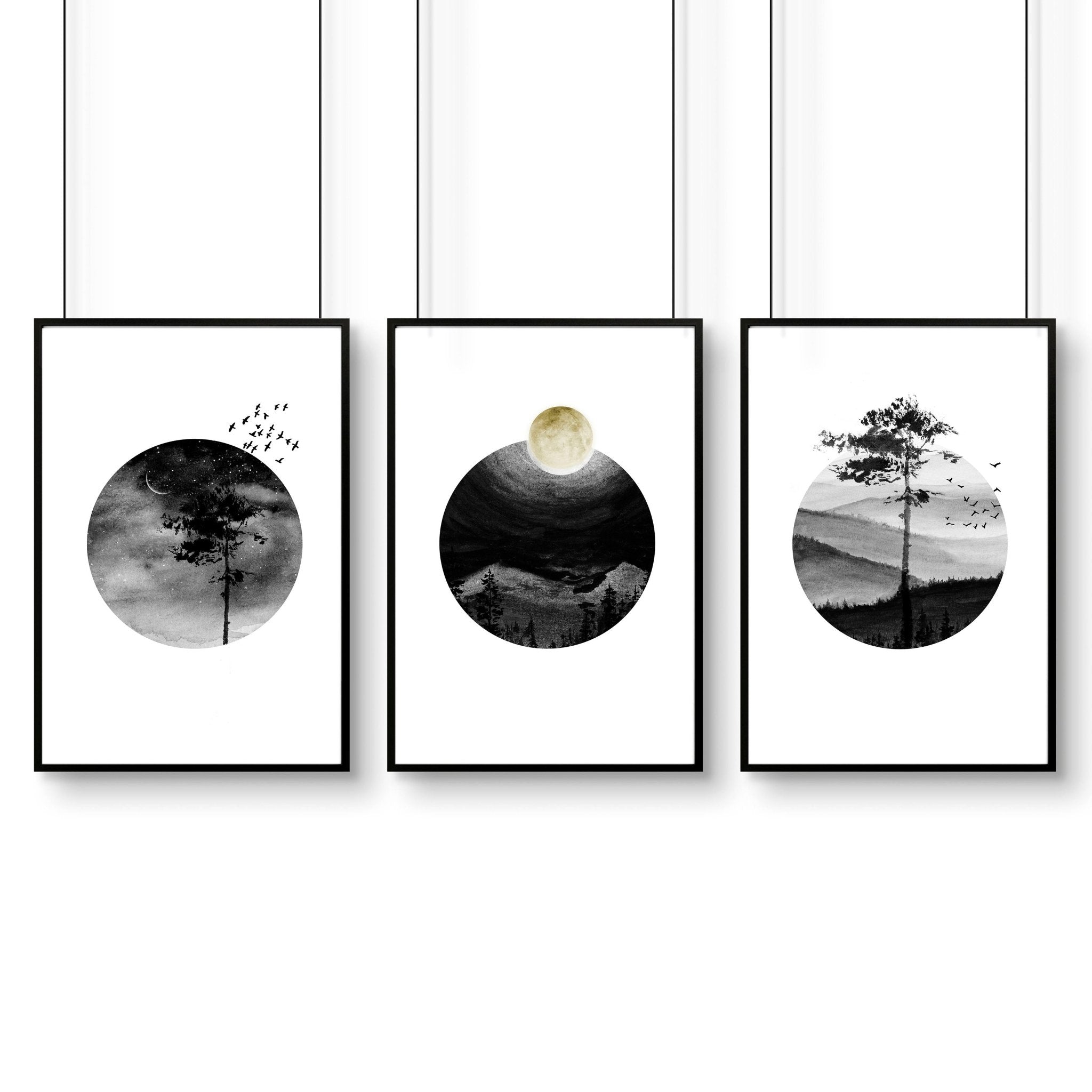 Set of 3 Scandinavian wall art prints featuring black and white Nordic landscapes, perfect for office decor.