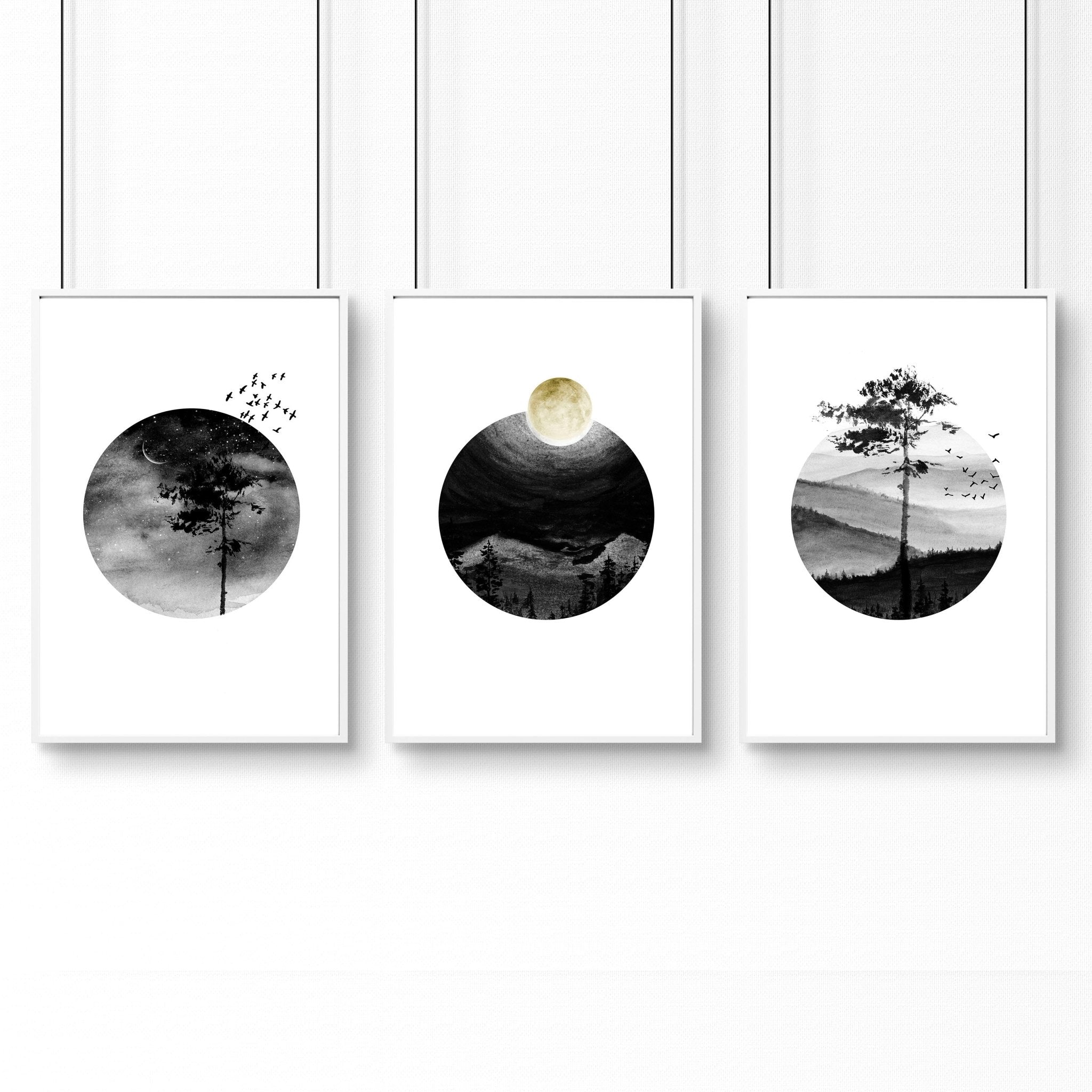 Set of 3 Scandinavian wall art prints featuring black and white Nordic landscapes, perfect for office decor.