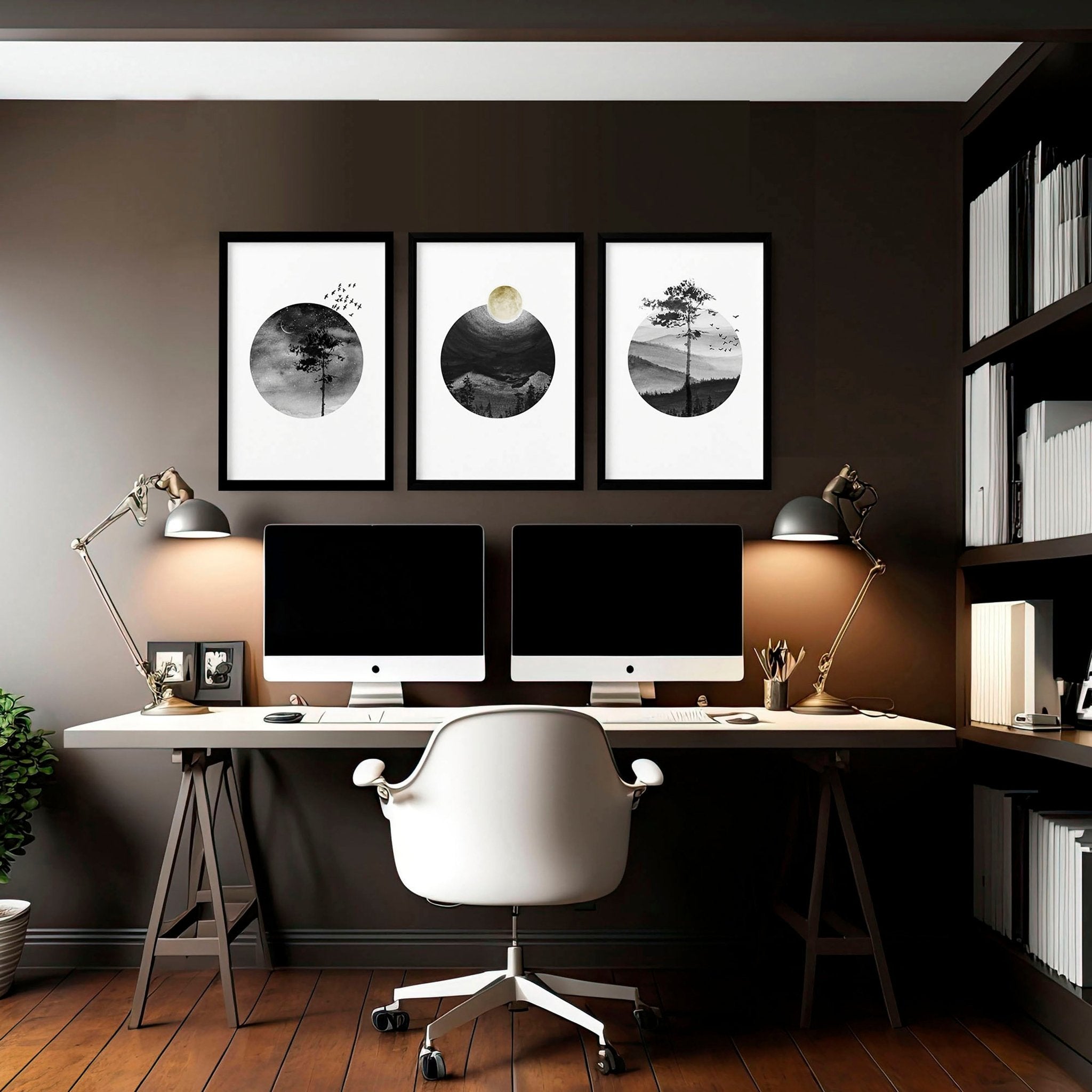 Set of 3 Scandinavian wall art prints featuring black and white Nordic landscapes, perfect for office decor.