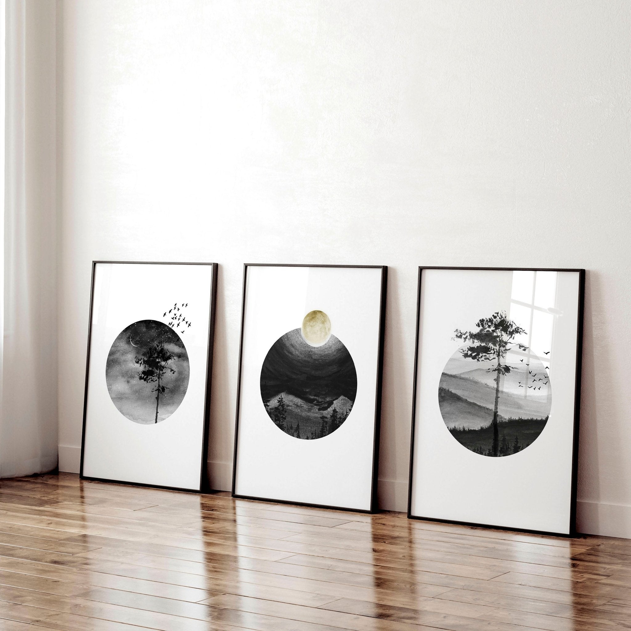 Set of 3 Scandinavian wall art prints featuring black and white Nordic landscapes, perfect for office decor.