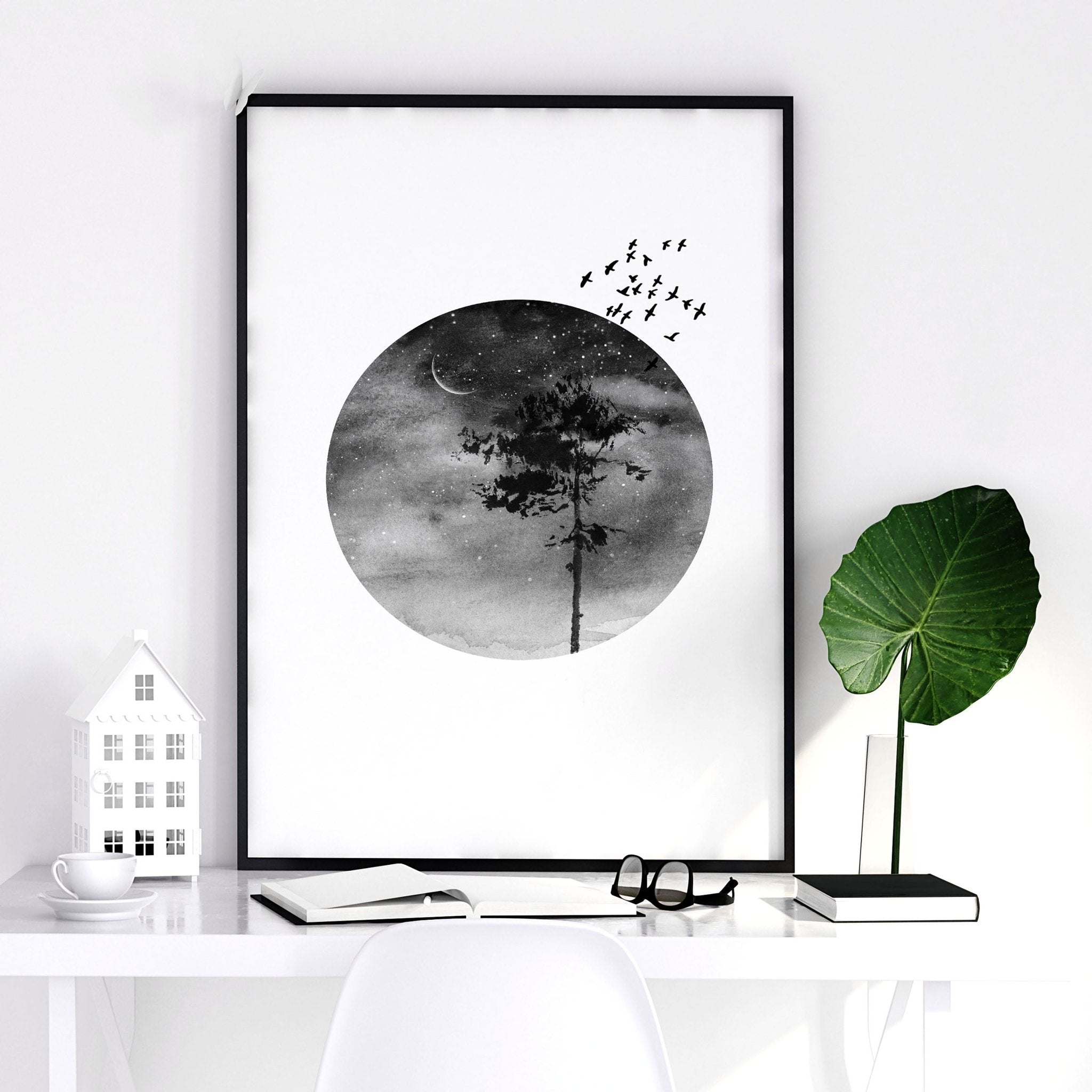 Set of 3 Scandinavian wall art prints featuring black and white Nordic landscapes, perfect for office decor.