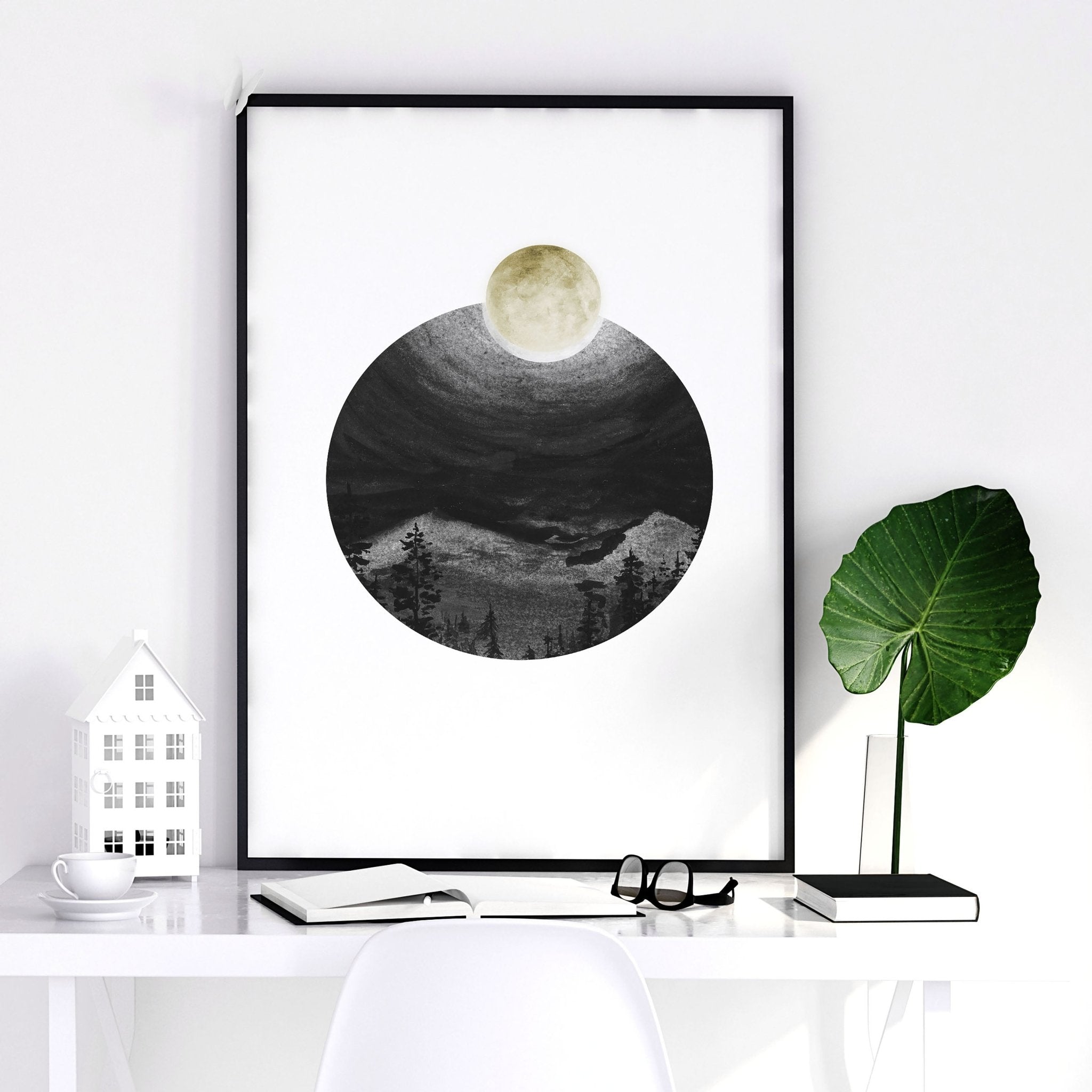 Set of 3 Scandinavian wall art prints featuring black and white Nordic landscapes, perfect for office decor.