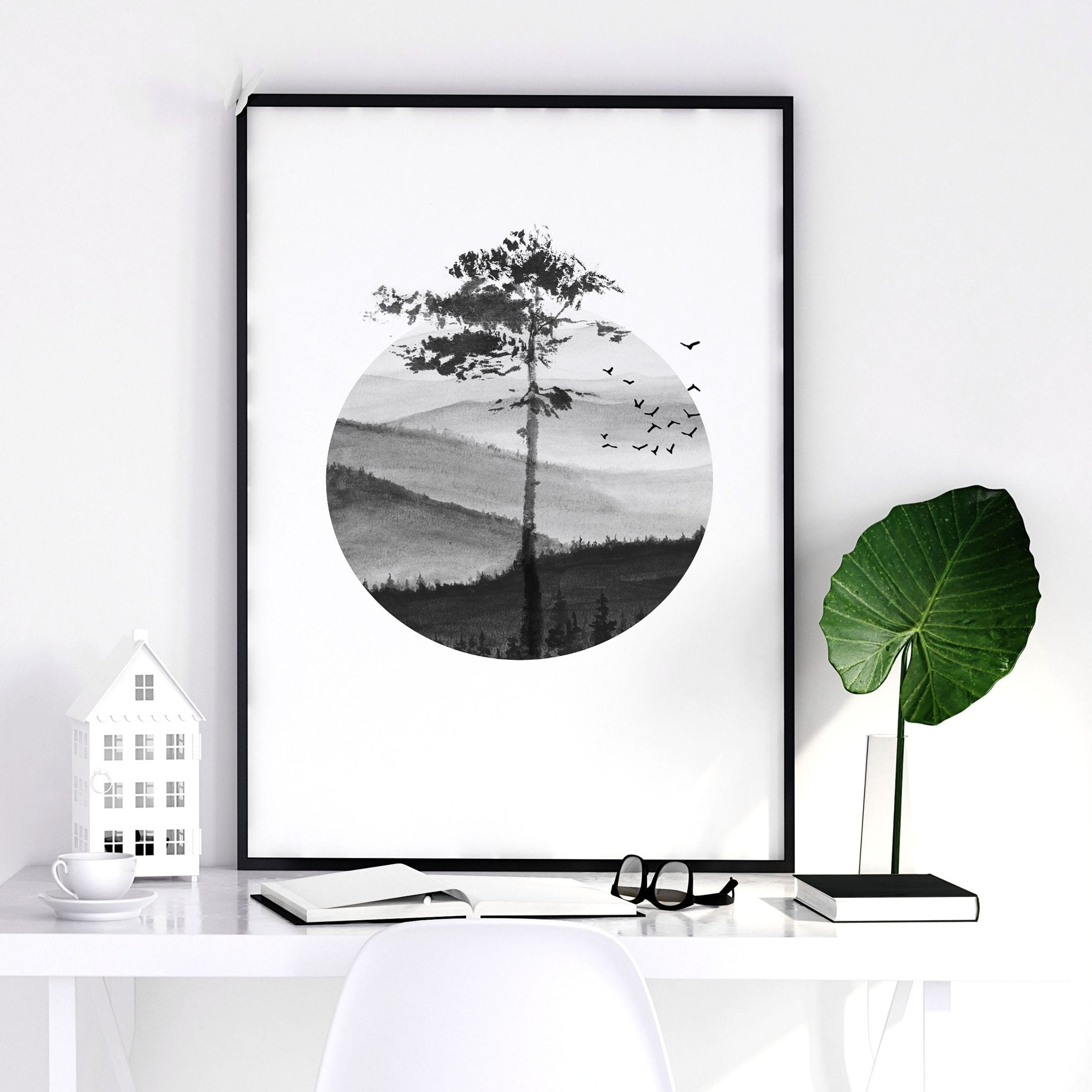 Set of 3 Scandinavian wall art prints featuring black and white Nordic landscapes, perfect for office decor.