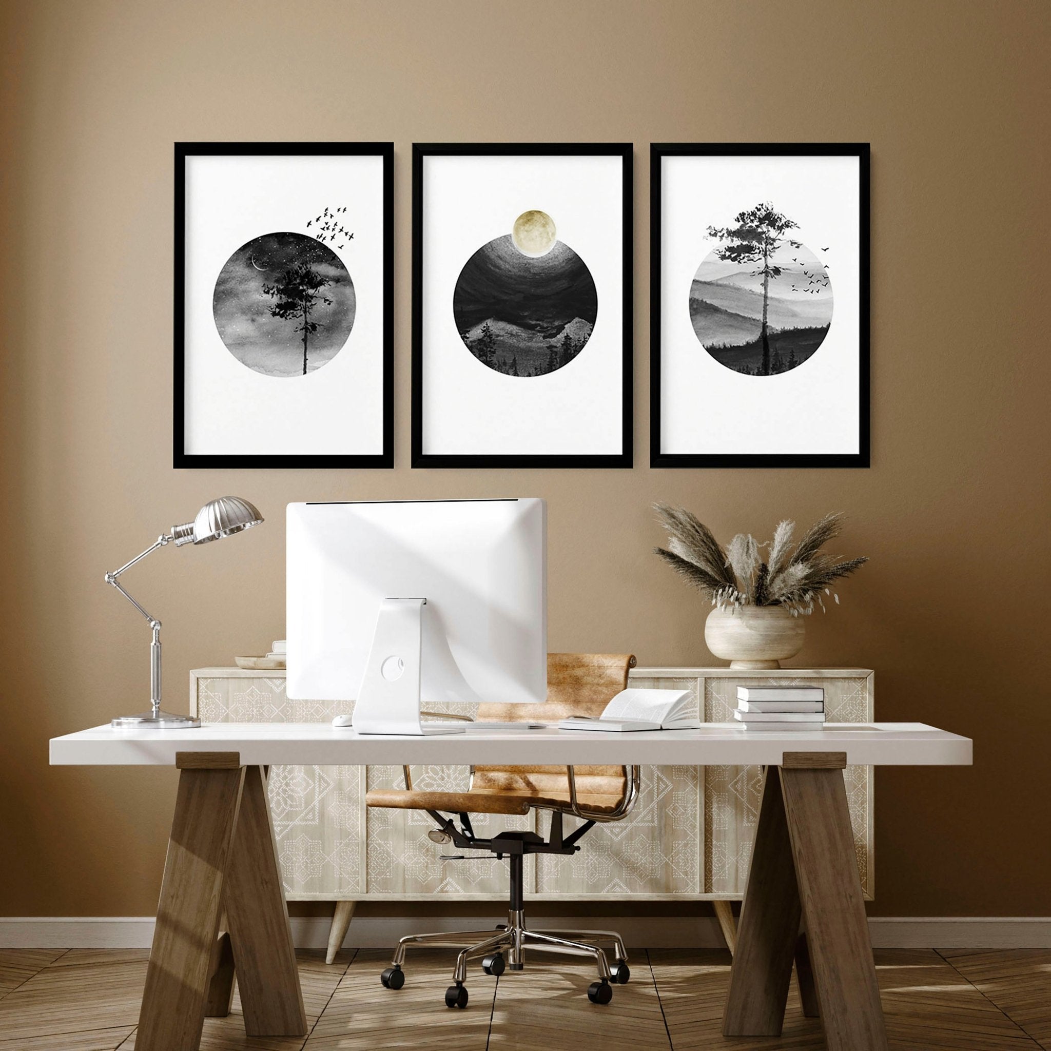 Set of 3 Scandinavian wall art prints featuring black and white Nordic landscapes, perfect for office decor.