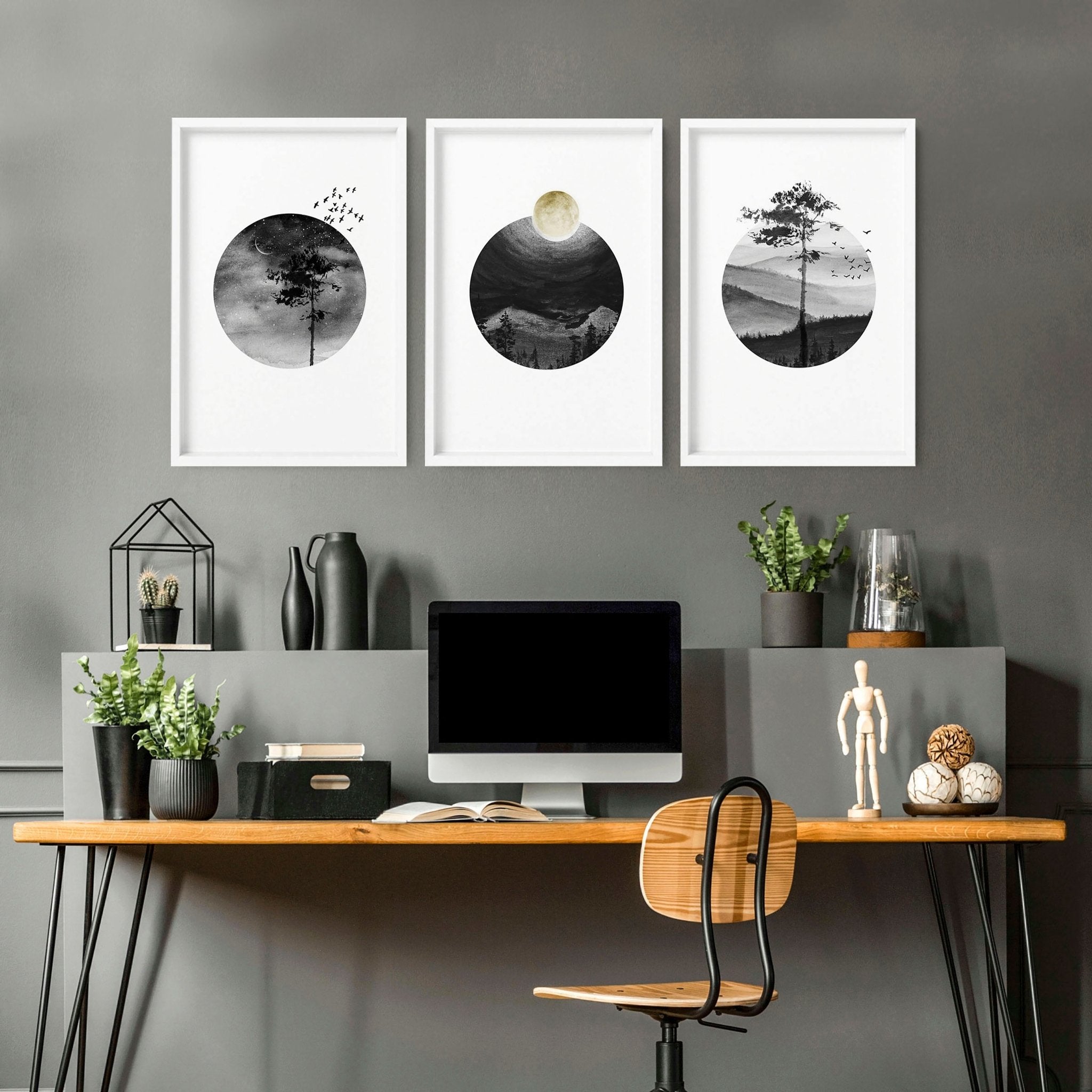 Set of 3 Scandinavian wall art prints featuring black and white Nordic landscapes, perfect for office decor.