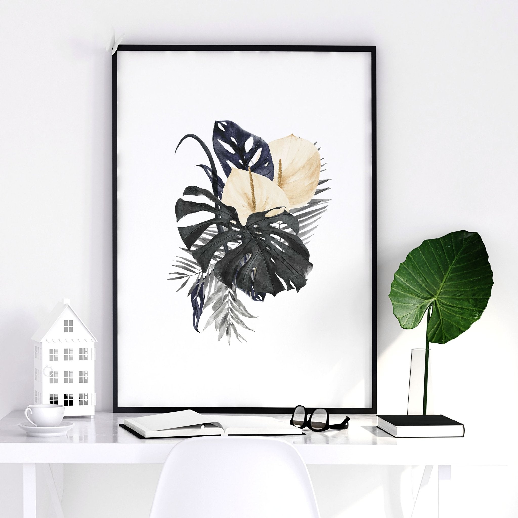 Set of 3 framed wall art featuring Tropical Botanical designs in Dark Blue and Blush Pink tones, perfect for home office decor.