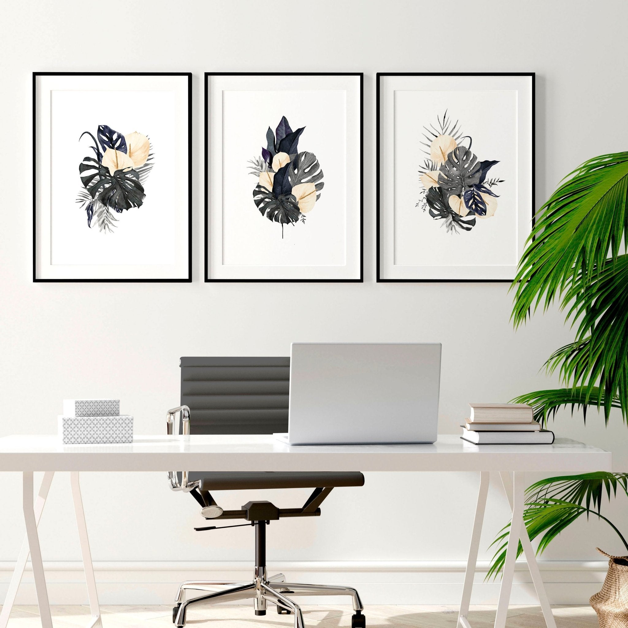 Set of 3 framed wall art featuring Tropical Botanical designs in Dark Blue and Blush Pink tones, perfect for home office decor.