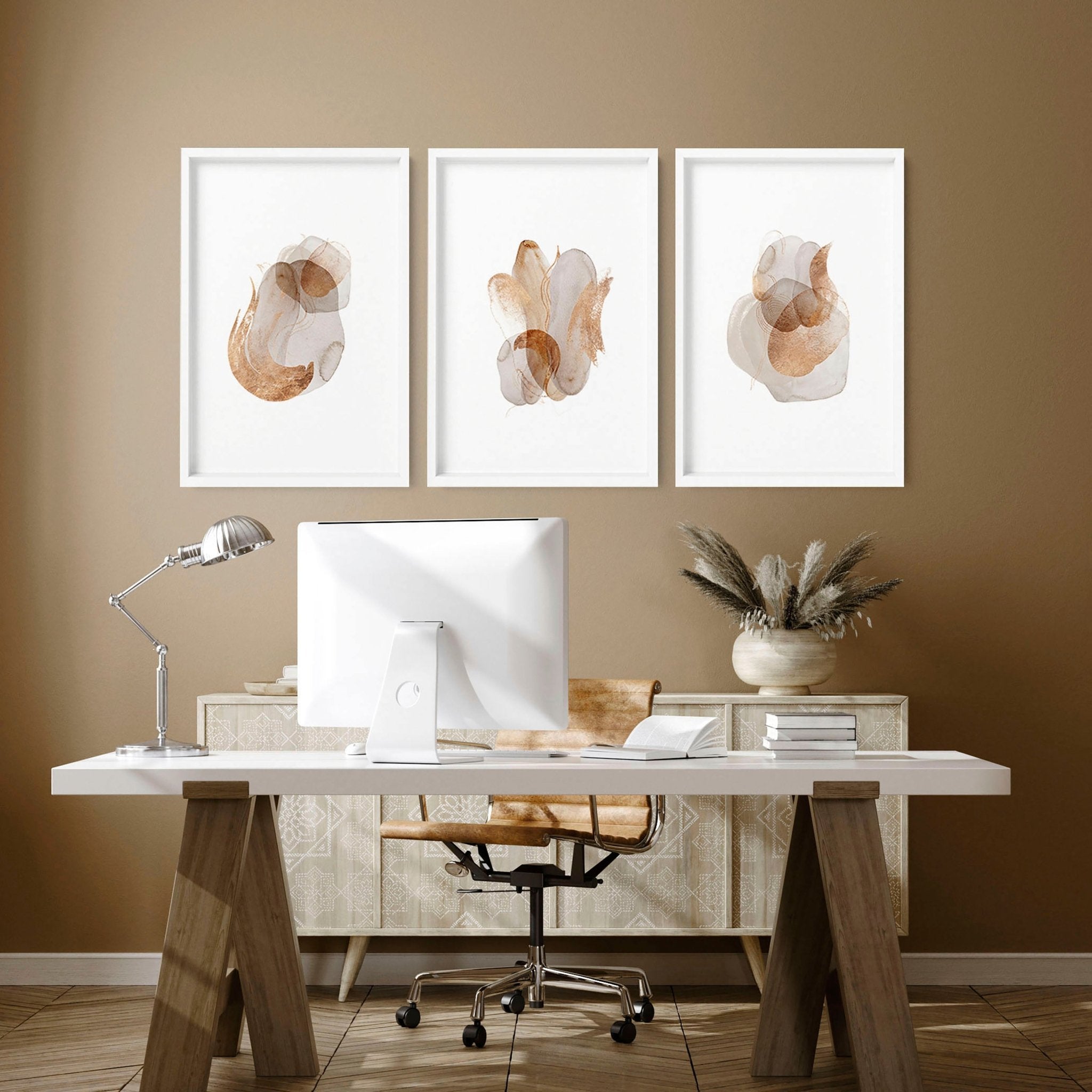 Set of 3 framed abstract wall art prints in beige, copper, and gold tones, designed for office decor.