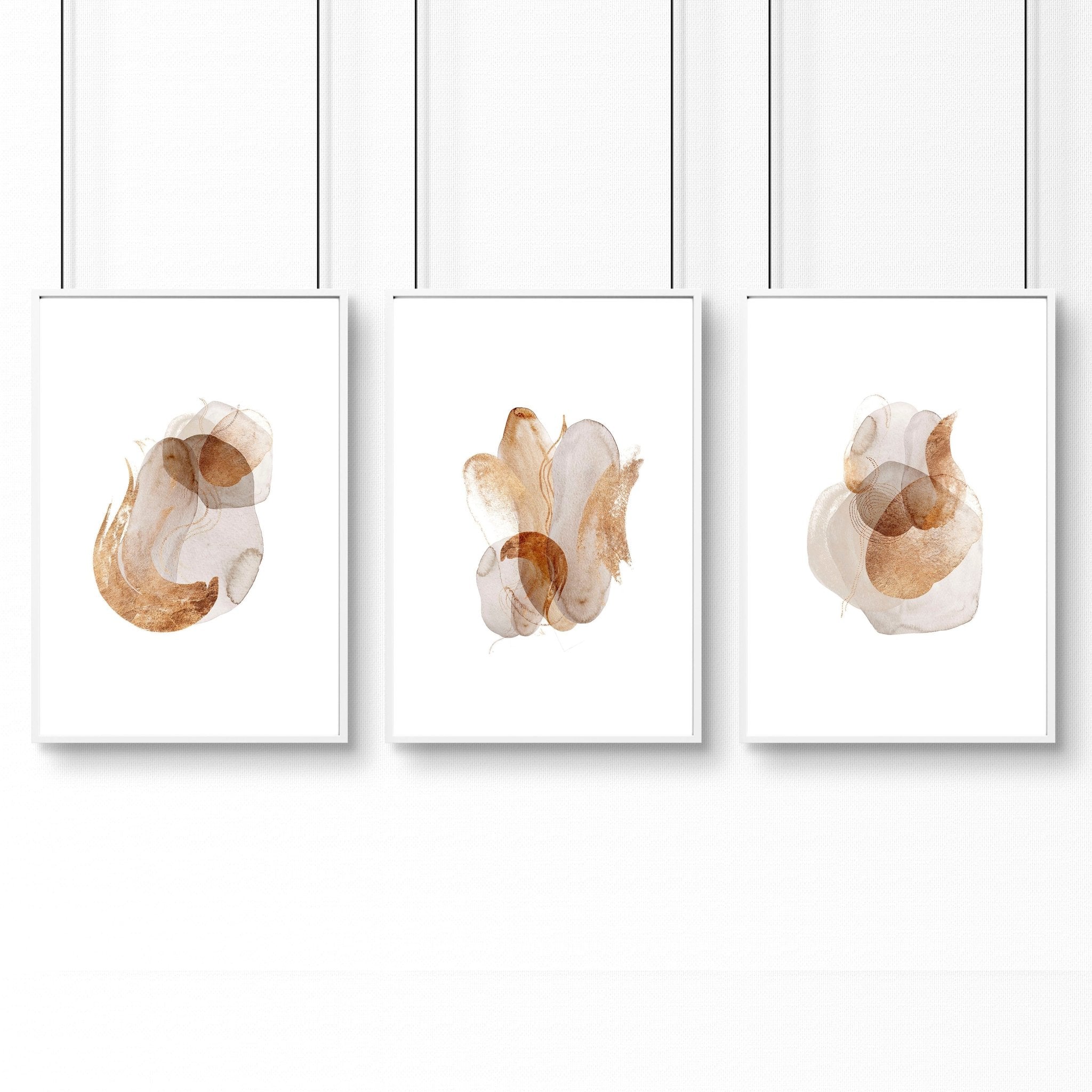 Set of 3 framed abstract wall art prints in beige, copper, and gold tones, designed for office decor.