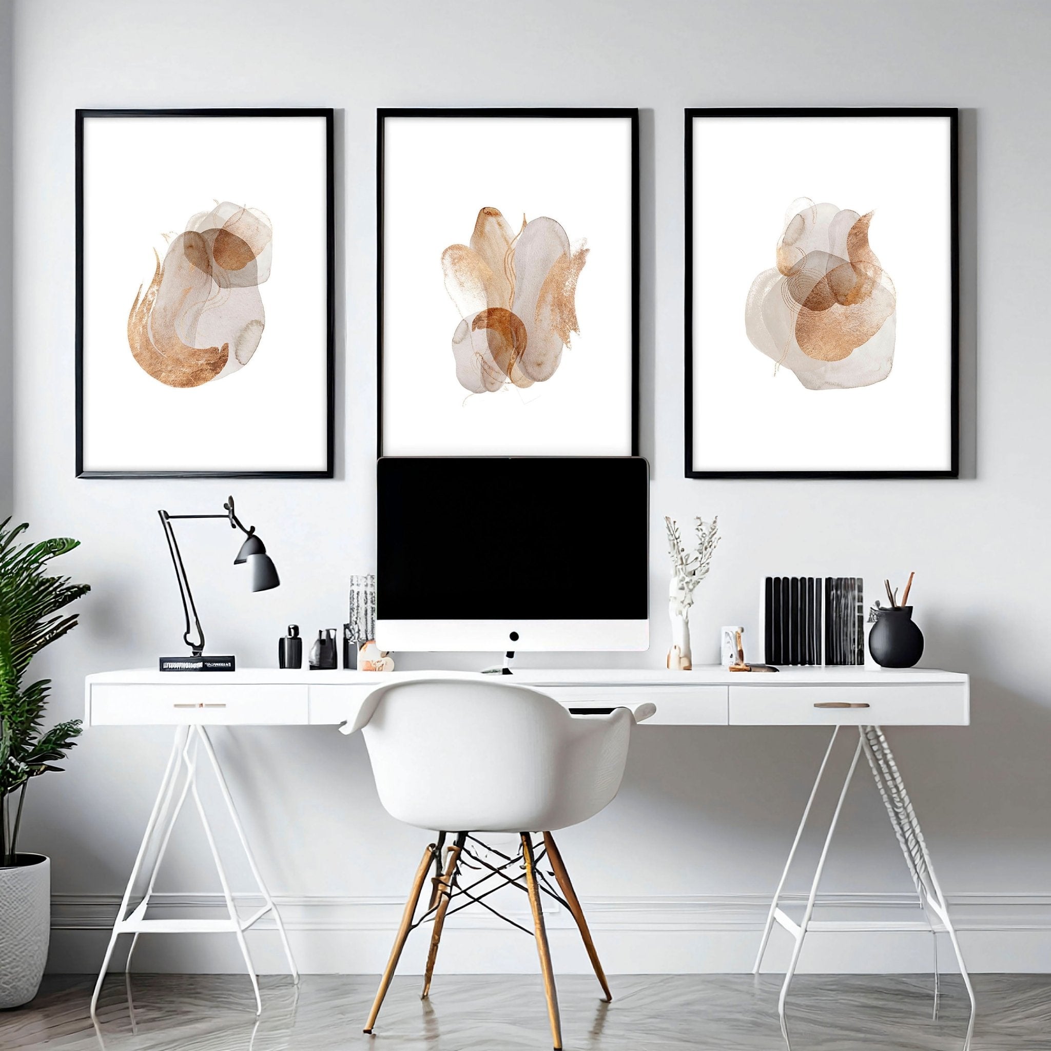 Set of 3 framed abstract wall art prints in beige, copper, and gold tones, designed for office decor.