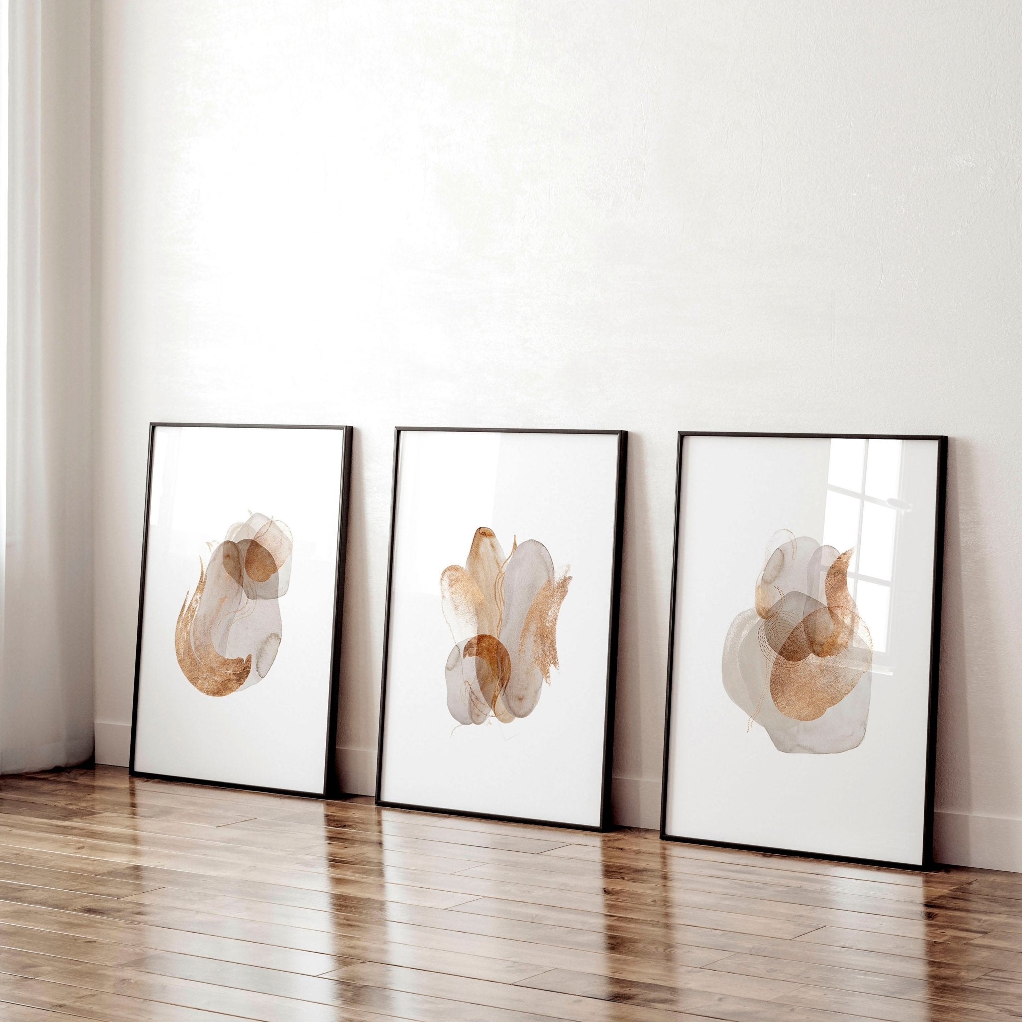 Set of 3 framed abstract wall art prints in beige, copper, and gold tones, designed for office decor.