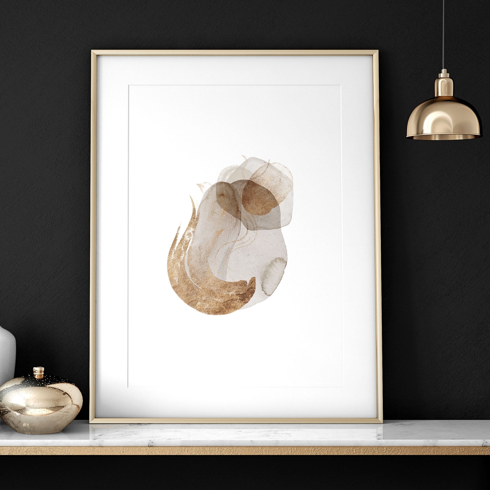 Set of 3 framed abstract wall art prints in beige, copper, and gold tones, designed for office decor.