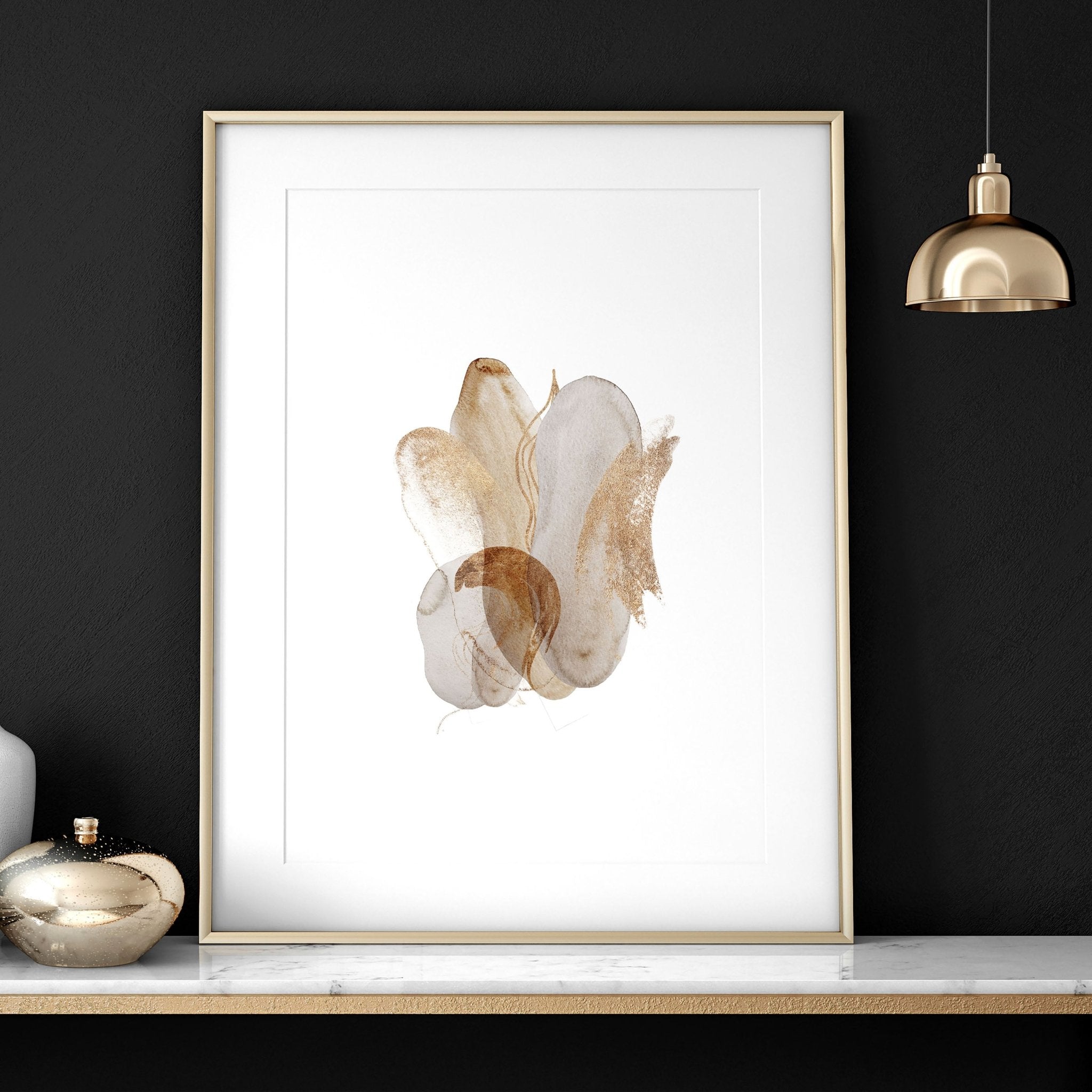 Set of 3 framed abstract wall art prints in beige, copper, and gold tones, designed for office decor.