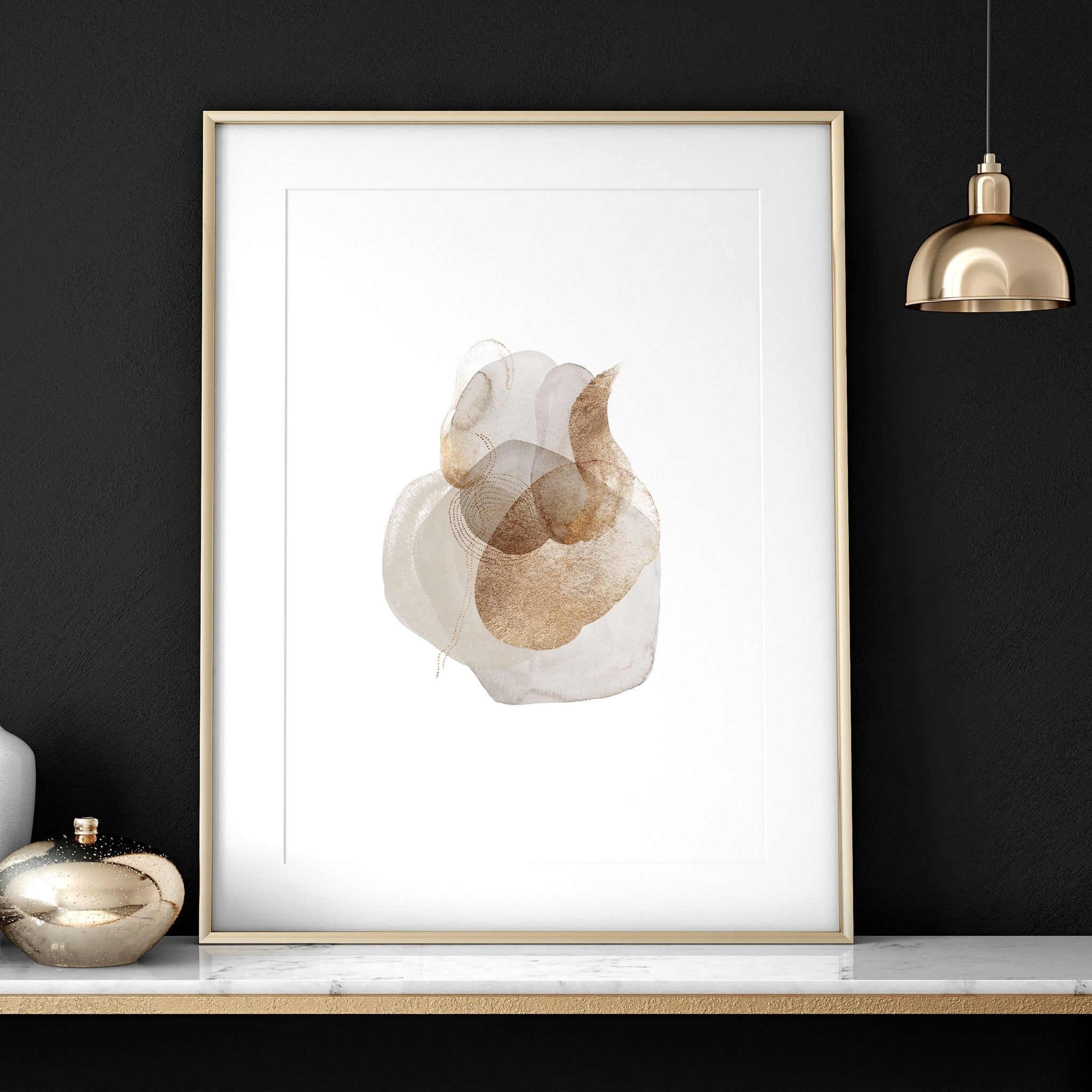 Set of 3 framed abstract wall art prints in beige, copper, and gold tones, designed for office decor.