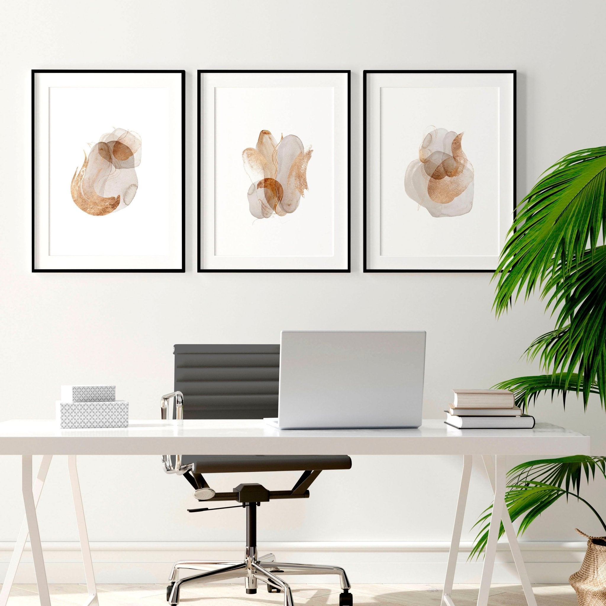 Set of 3 framed abstract wall art prints in beige, copper, and gold tones, designed for office decor.