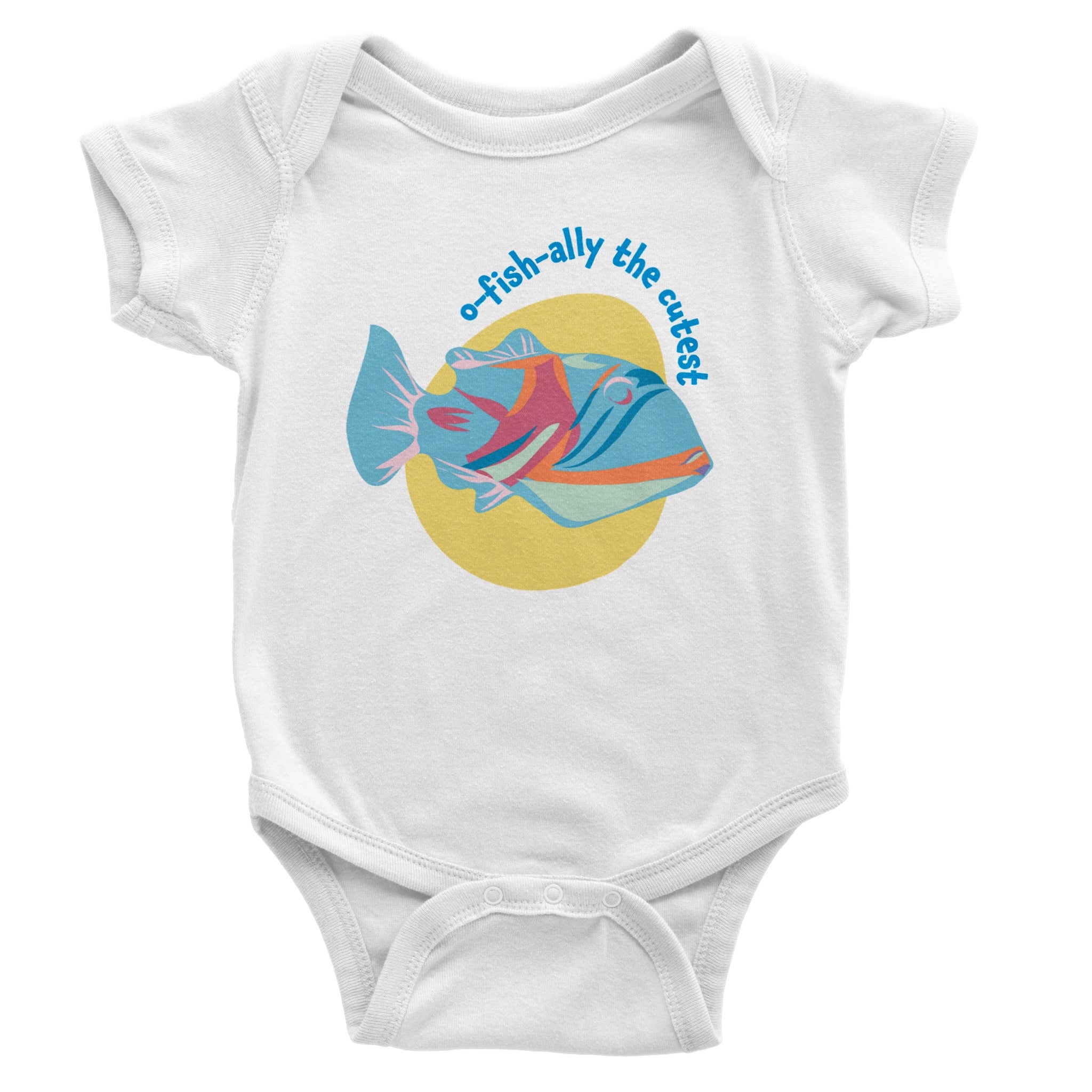 O-fish-ally the Cutest Baby Short Sleeve Bodysuit in various colors, showcasing its soft cotton fabric and practical design.