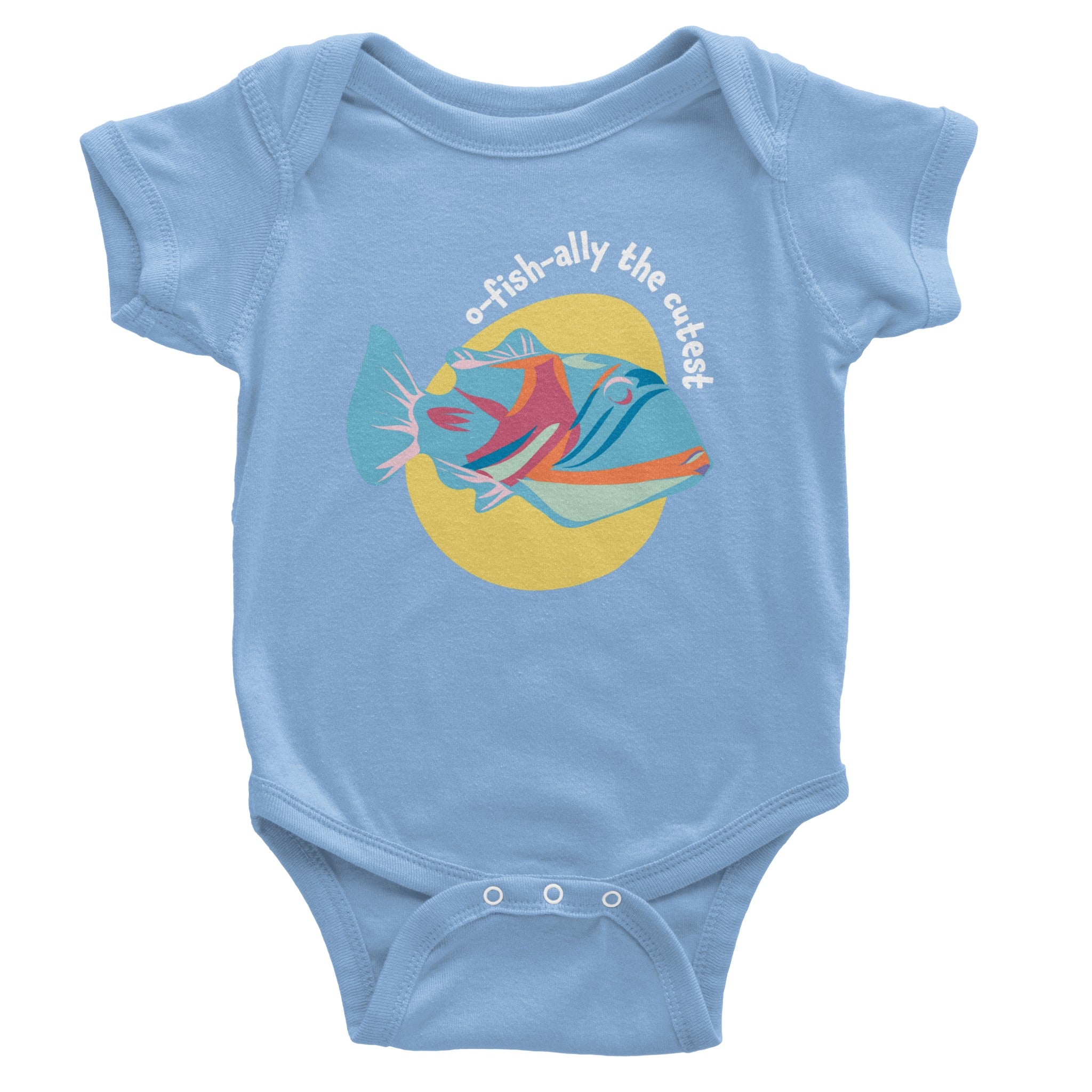 O-fish-ally the Cutest Baby Short Sleeve Bodysuit in various colors, showcasing its soft cotton fabric and practical design.