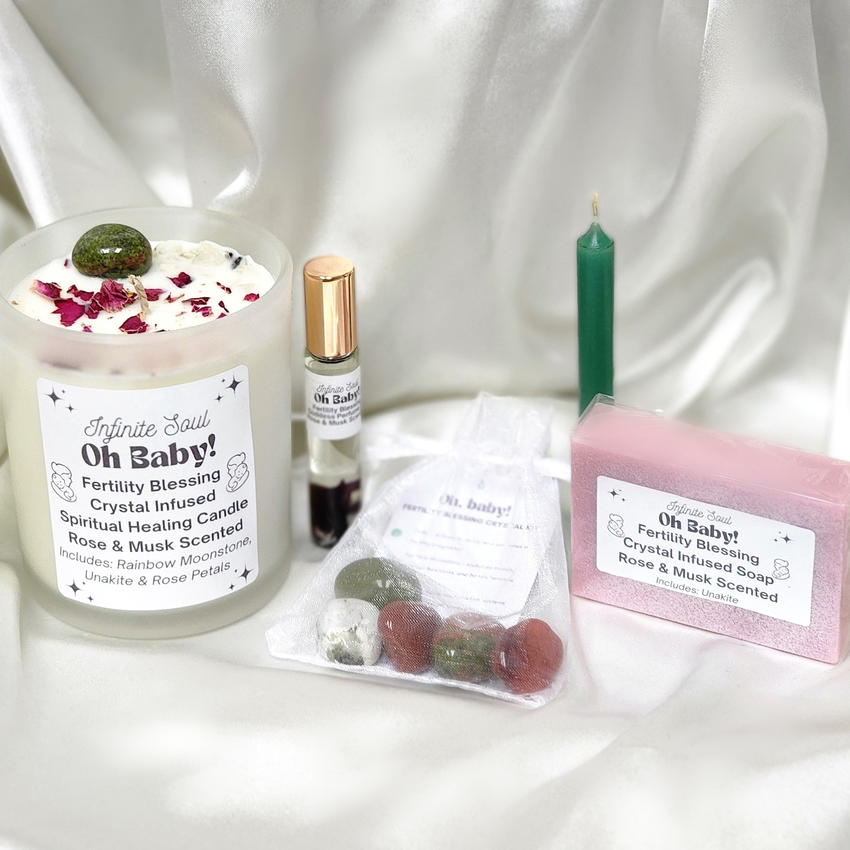 Oh Baby! Fertility Blessing Bundle featuring candles, crystals, and body oil for fertility support.