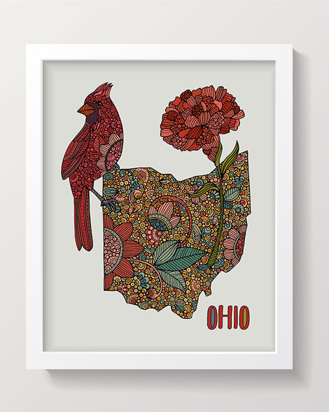 Artistic Ohio State Map featuring Cardinal and Scarlet Carnation, printed on heavy matte cardstock.