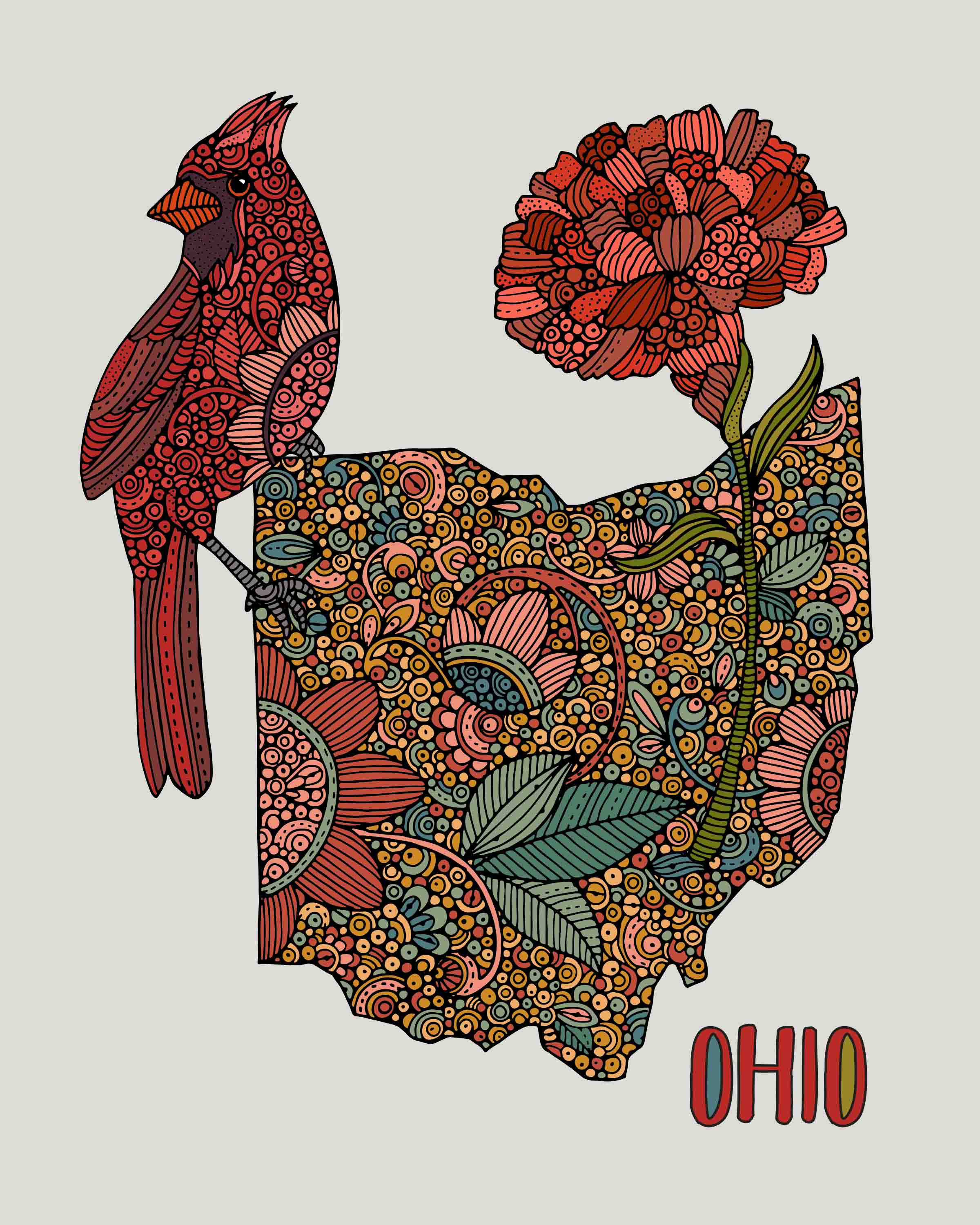 Artistic Ohio State Map featuring Cardinal and Scarlet Carnation, printed on heavy matte cardstock.