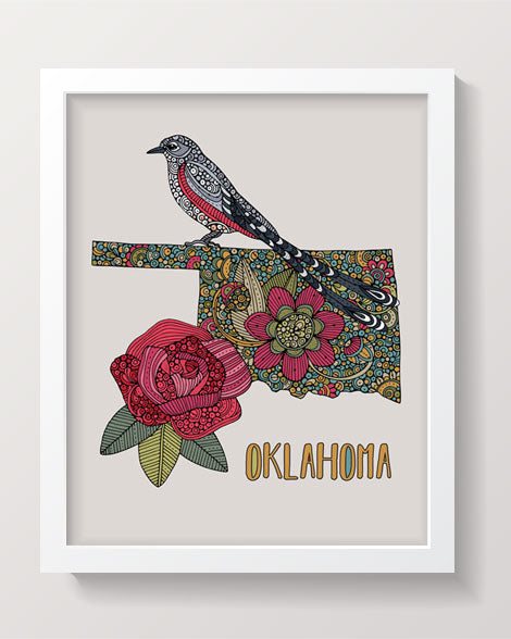 Oklahoma State Map art print featuring the Scissor-tailed flycatcher and Rosa 'Oklahoma', beautifully illustrated in pen and ink with digital coloring.