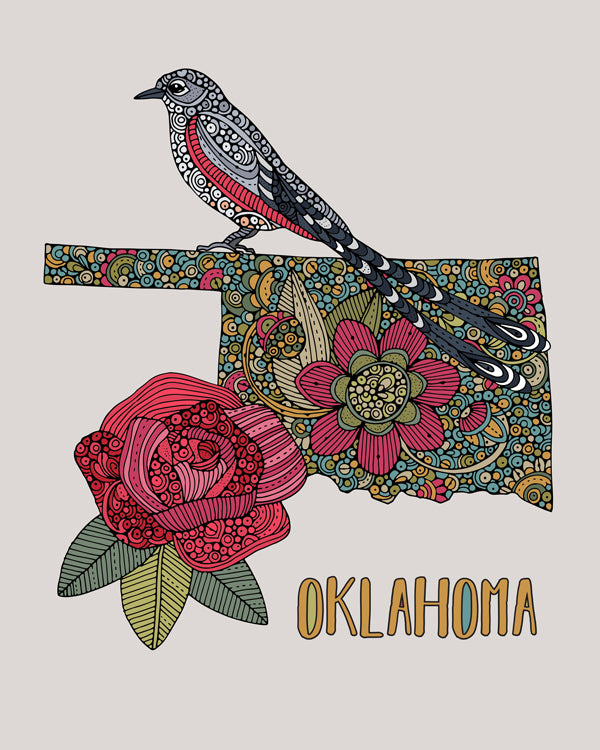 Oklahoma State Map art print featuring the Scissor-tailed flycatcher and Rosa 'Oklahoma', beautifully illustrated in pen and ink with digital coloring.