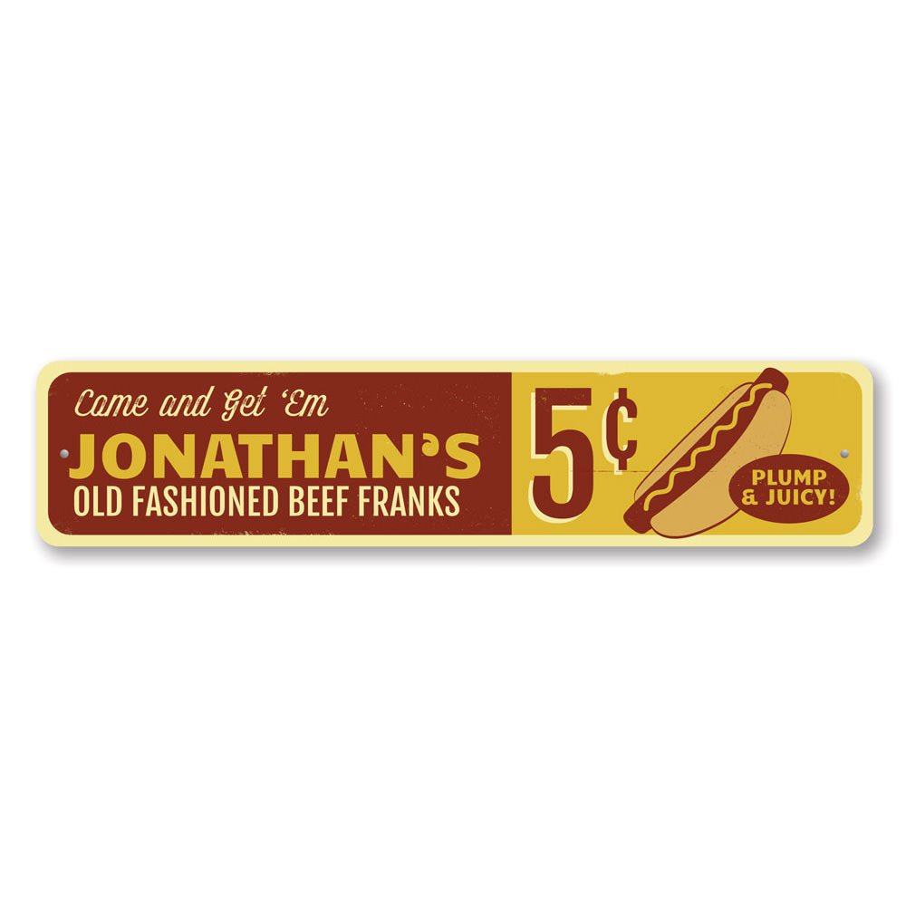 Old Fashioned Beef Franks decorative aluminum sign, featuring vibrant colors and a classic design, perfect for restaurants and cafes.