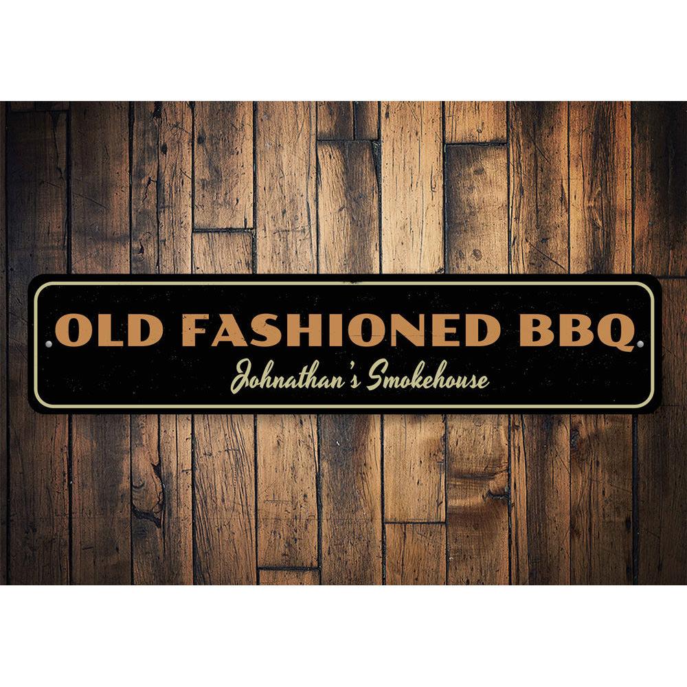 Old Fashioned BBQ Sign made of high-quality aluminum, featuring a rustic design perfect for restaurants and home decor.