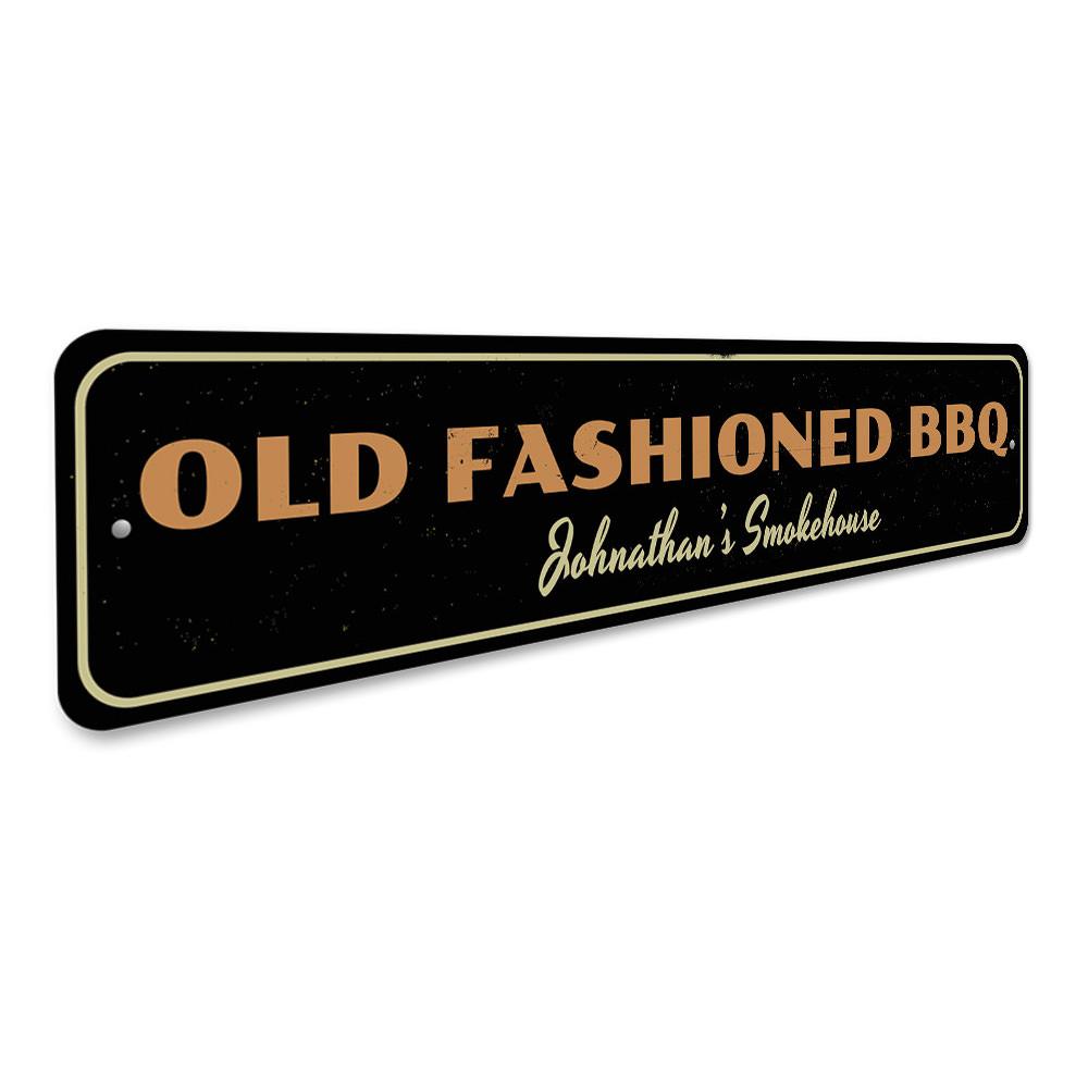 Old Fashioned BBQ Sign made of high-quality aluminum, featuring a rustic design perfect for restaurants and home decor.