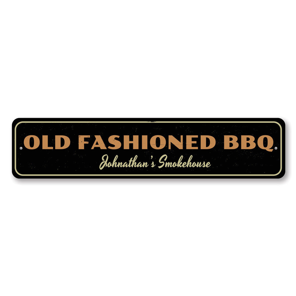 Old Fashioned BBQ Sign made of high-quality aluminum, featuring a rustic design perfect for restaurants and home decor.