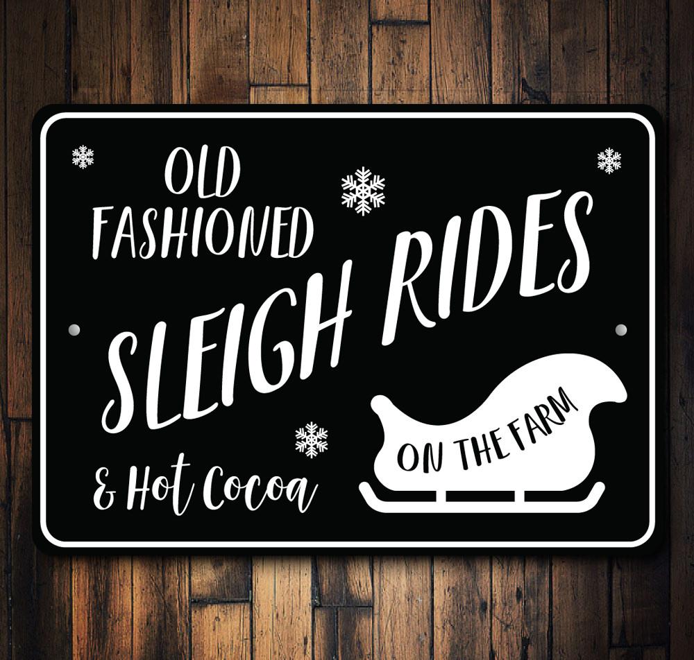 Old Fashioned Sleigh Rides Sign made of durable aluminum, featuring festive holiday design, perfect for Christmas decorations.