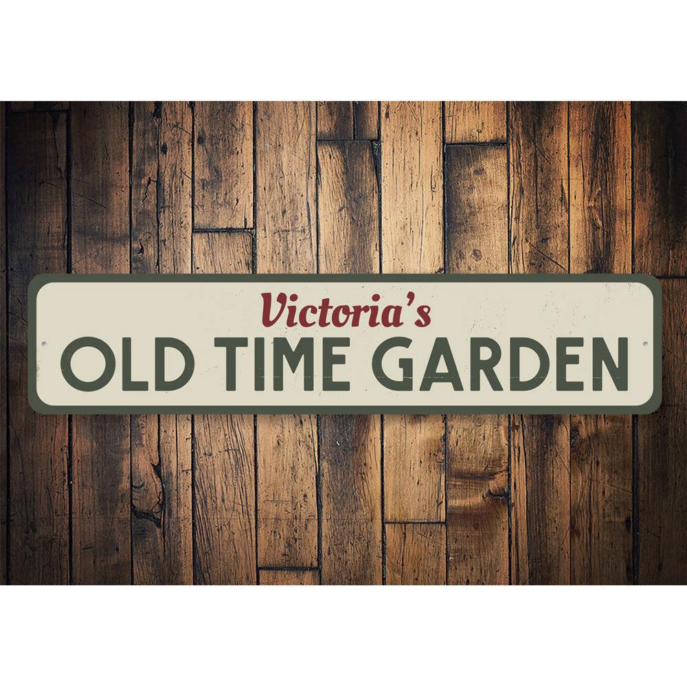 Old Time Garden Sign made of durable aluminum, featuring customizable text for a personal touch, perfect for outdoor decor.