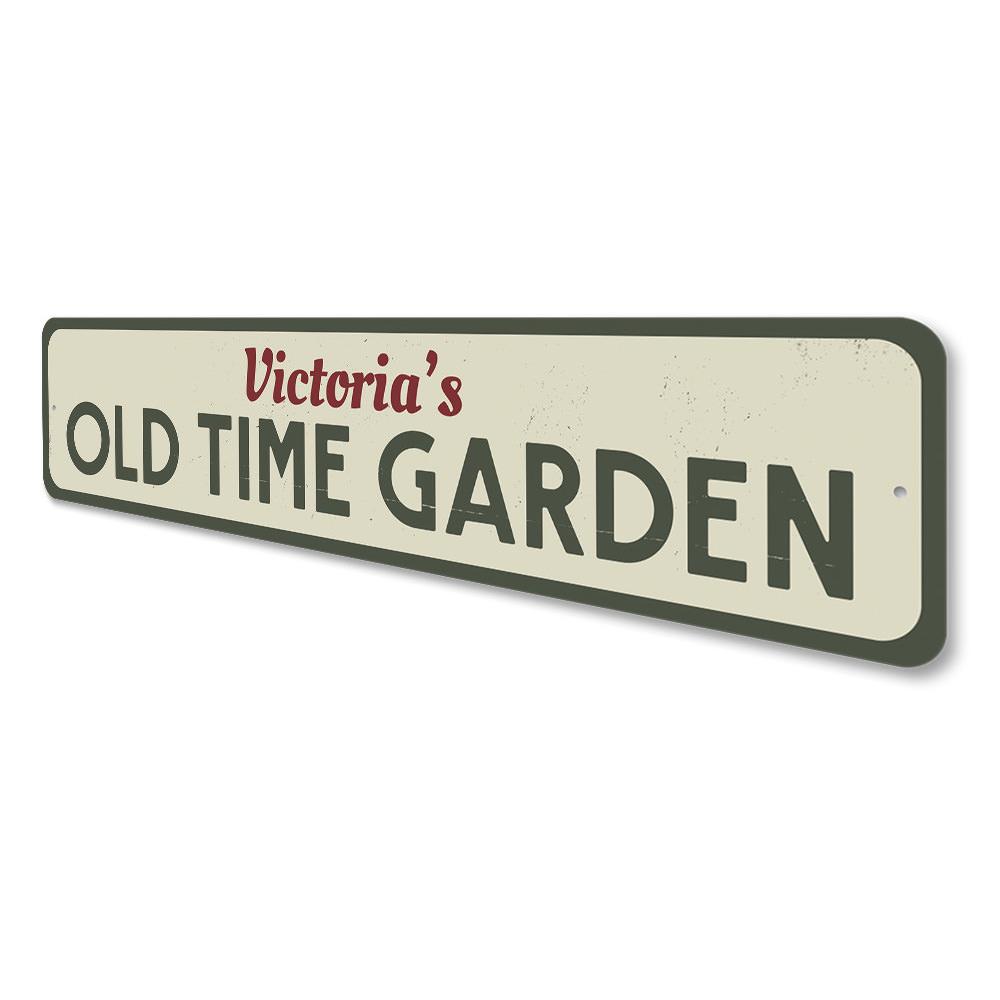 Old Time Garden Sign made of durable aluminum, featuring customizable text for a personal touch, perfect for outdoor decor.