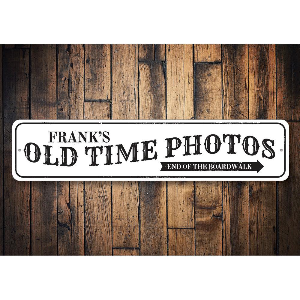 Old Time Photos Sign made of high-quality aluminum, featuring customizable text and pre-drilled holes for easy mounting, perfect for beach-themed decor.