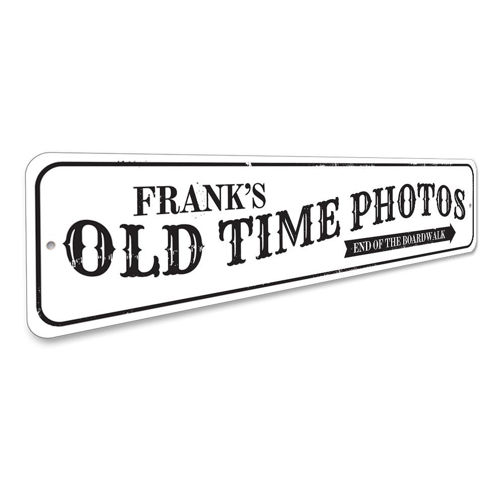 Old Time Photos Sign made of high-quality aluminum, featuring customizable text and pre-drilled holes for easy mounting, perfect for beach-themed decor.