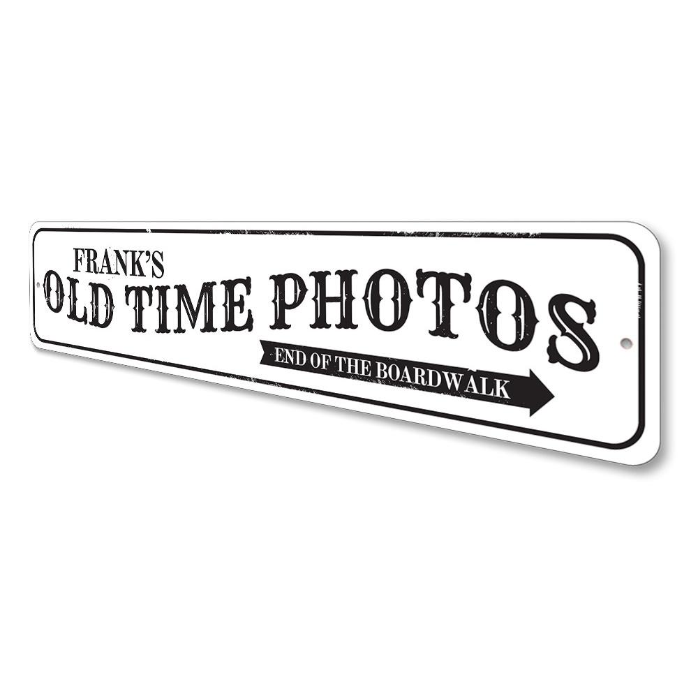 Old Time Photos Sign made of high-quality aluminum, featuring customizable text and pre-drilled holes for easy mounting, perfect for beach-themed decor.