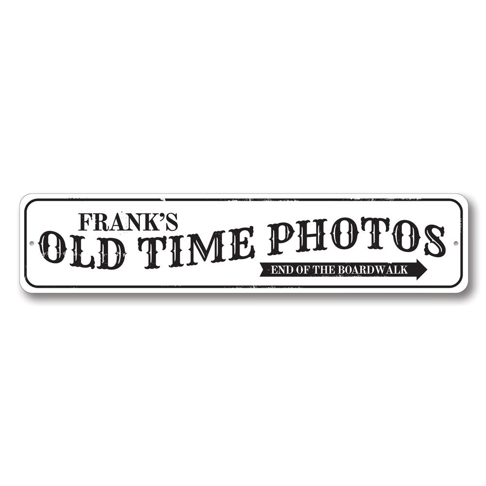 Old Time Photos Sign made of high-quality aluminum, featuring customizable text and pre-drilled holes for easy mounting, perfect for beach-themed decor.