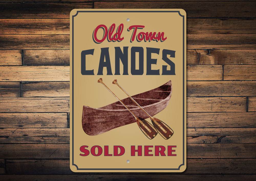 Old Town Canoes Sign made of high-quality aluminum, featuring a decorative design perfect for lakeside homes.