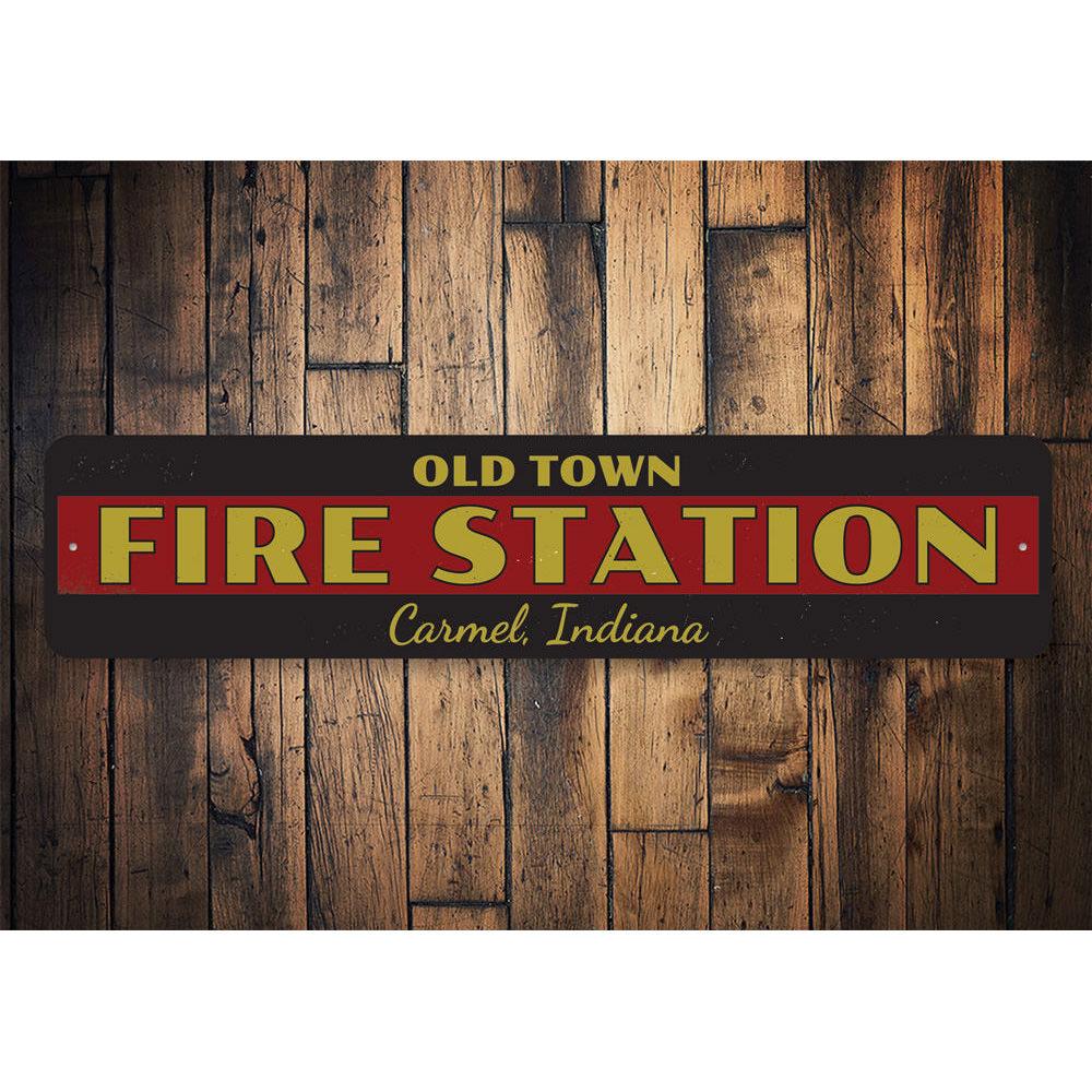 Old Town Fire Station Sign made of durable aluminum, featuring customizable text and pre-drilled holes for easy mounting.