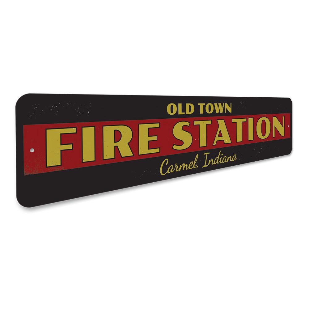 Old Town Fire Station Sign made of durable aluminum, featuring customizable text and pre-drilled holes for easy mounting.