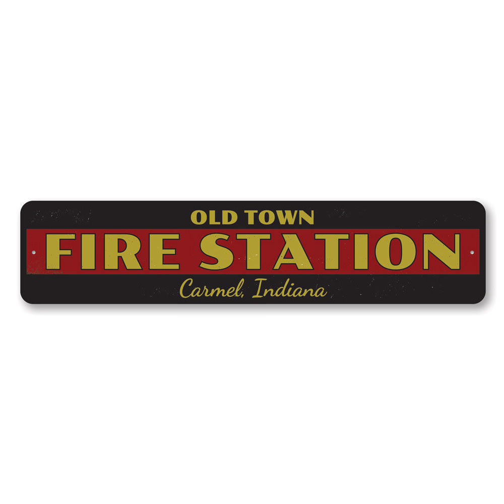 Old Town Fire Station Sign made of durable aluminum, featuring customizable text and pre-drilled holes for easy mounting.