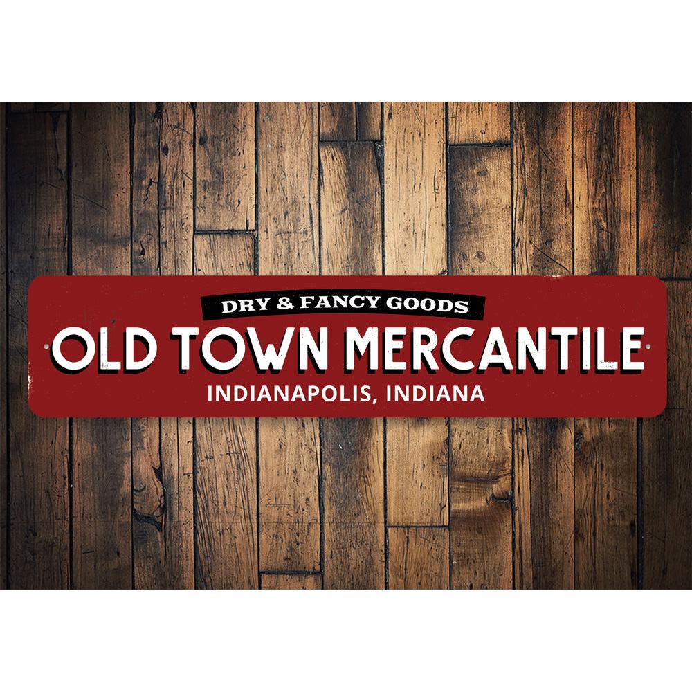 Old Town Mercantile Sign made of high-quality aluminum, featuring customizable text and pre-drilled holes for easy mounting.