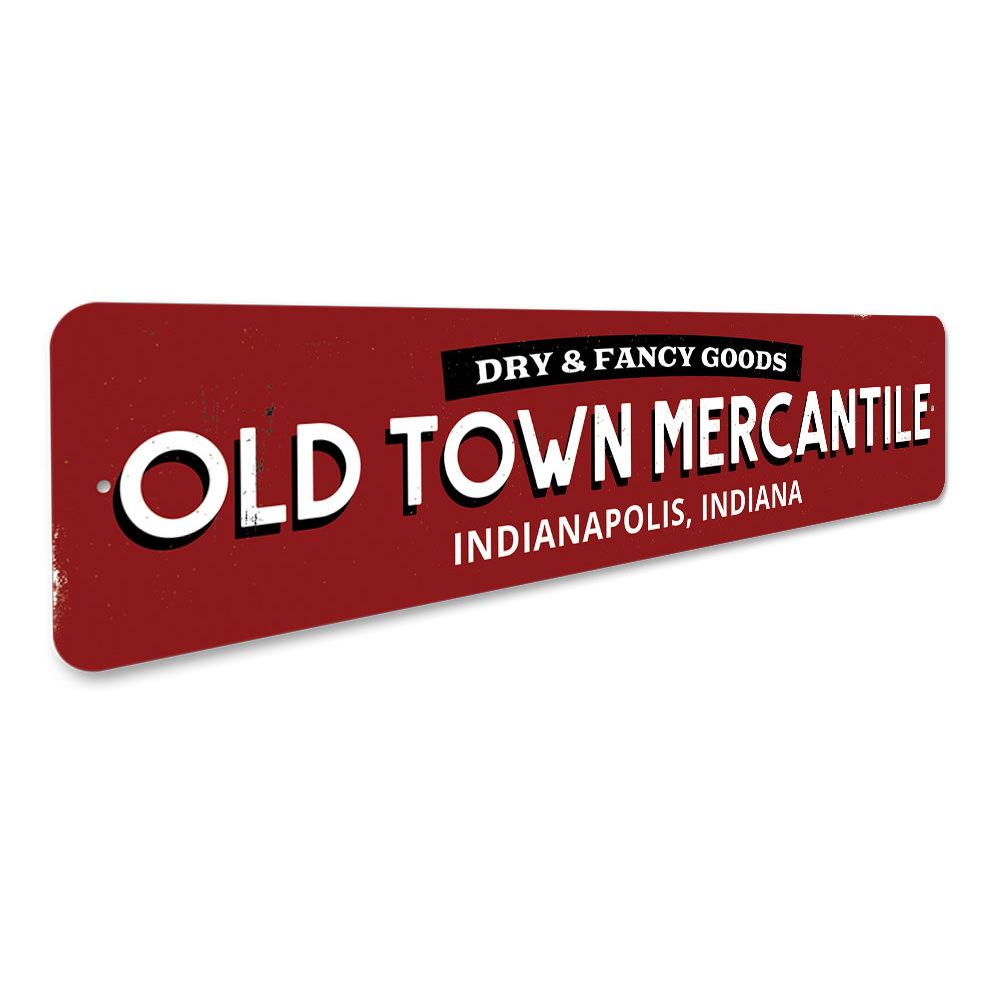 Old Town Mercantile Sign made of high-quality aluminum, featuring customizable text and pre-drilled holes for easy mounting.