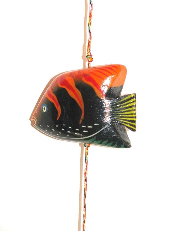 Colorful handcrafted wooden animal hanging brass bells with vibrant designs, featuring fish, birds, and butterflies, perfect for home decor.