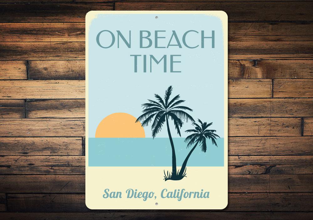 On Beach Time Sunset Sign featuring vibrant colors and customizable text, perfect for coastal decor.