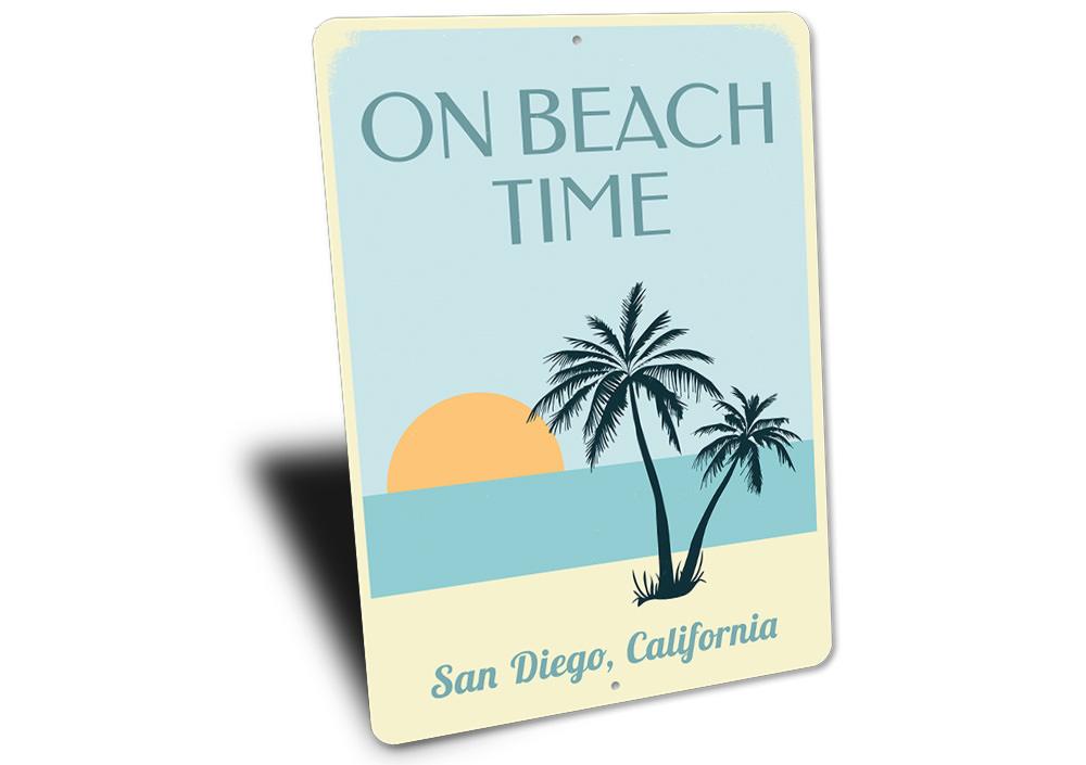 On Beach Time Sunset Sign featuring vibrant colors and customizable text, perfect for coastal decor.