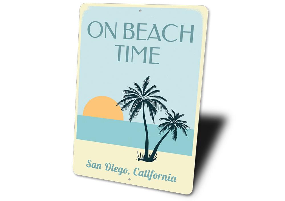 On Beach Time Sunset Sign featuring vibrant colors and customizable text, perfect for coastal decor.