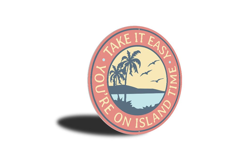 On Island Time Beach Sign made of high-quality aluminum, featuring a vibrant beach-themed design, perfect for coastal decor.