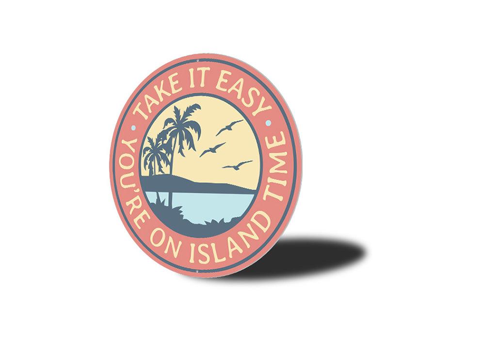 On Island Time Beach Sign made of high-quality aluminum, featuring a vibrant beach-themed design, perfect for coastal decor.