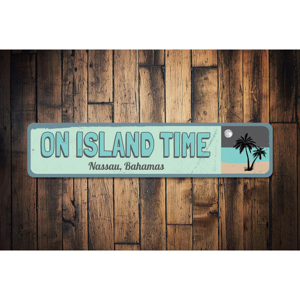 On Island Time Sign made of high-quality aluminum, featuring a decorative design perfect for lakehouses, with pre-drilled holes for easy mounting.